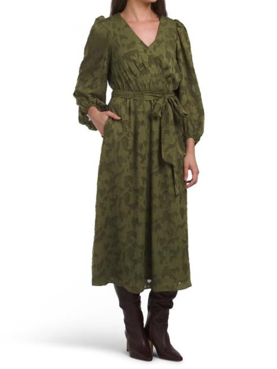 Anne Klein Dresses & Skirts - ANNE KLEIN Olive Balloon Sleeve V-neck Midi Dress
